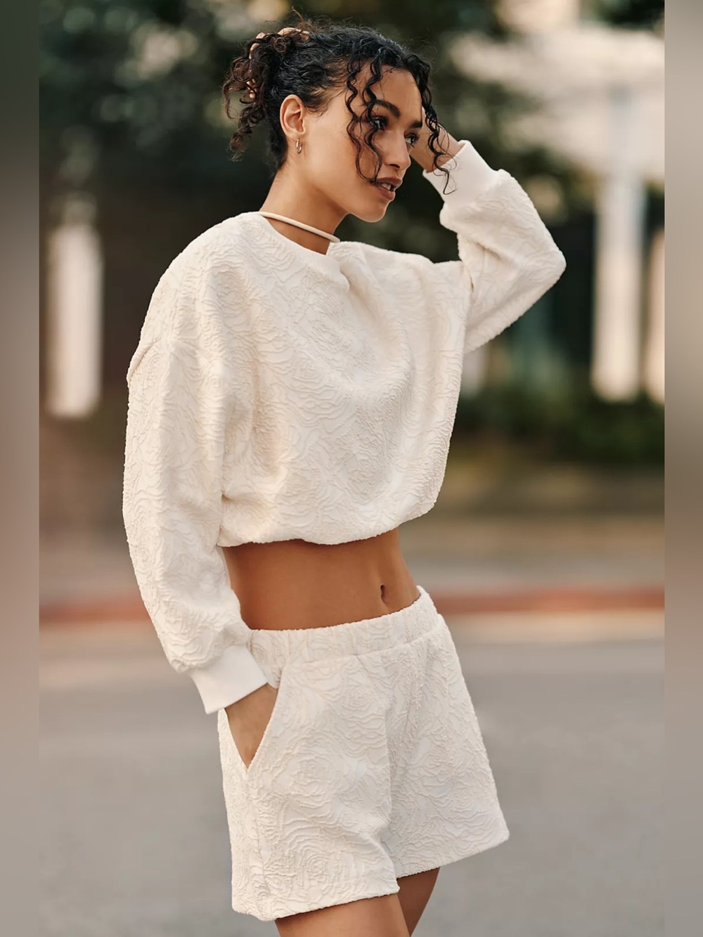 NWOT Anthro Daily Practice Textured Bubble Sweatshirt Cream Rose Embossed Crop